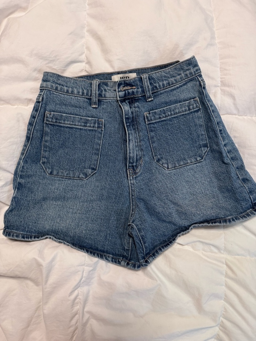 High-Rise Blue Denim Jean Shorts with Front Patch Pockets